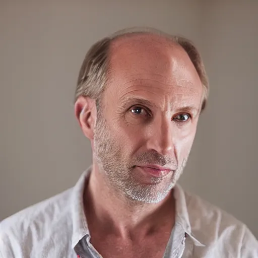 Prompt: portrait of a middle aged balding white male model By Emmanuel Lubezki