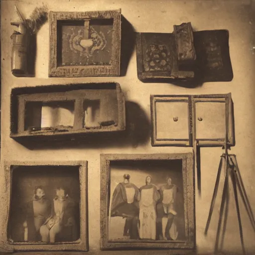 Prompt: Tintype photograph of primitive objects displayed in an ethnographic museum, archive material, anthropology,in the style of Marcel Duchamp, 1920s studio lighting.