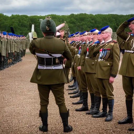 Prompt: British soldiers saluting to a British General, First World War, trench, bullets wizzing overhead, grim, highly detailed, 4k, sideshot