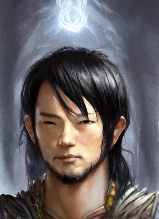 Prompt: asian with medium black hair man looking down at camera, low angle, camera low, dndbeyond, bright, colourful, realistic, dnd character portrait, full body, pathfinder, pinterest, art by ralph horsley, dnd, rpg, lotr game design fanart by concept art, behance hd, artstation, deviantart, hdr render in unreal engine 5