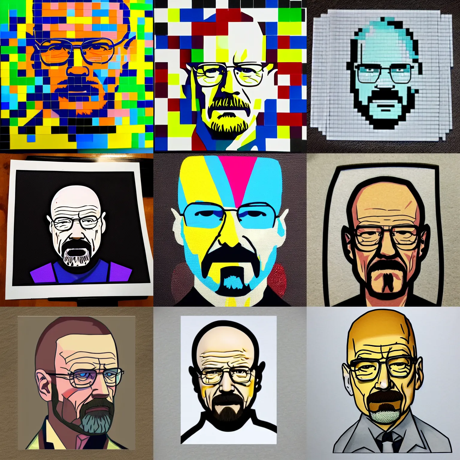 Prompt: walter white, made with colored cubes