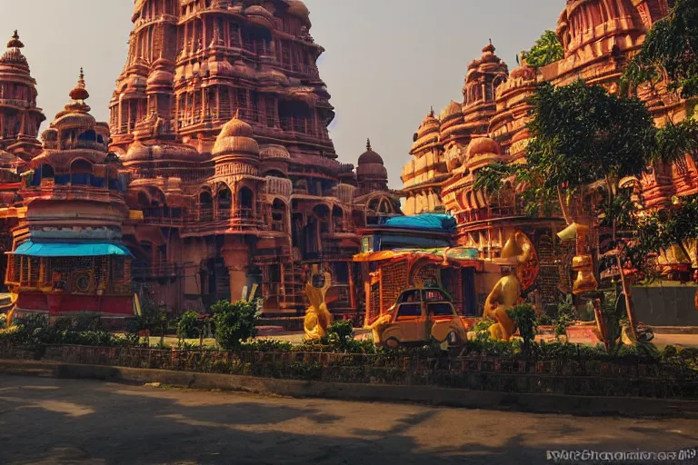 Image similar to dreamscape! mumbai with biomorphic hanuman!! head building, kalighat, octane highly detailed, cinematic smooth, stephen shore & john j. park, soft morning light, wide shot, high angle, uhd 8 k, deep focus