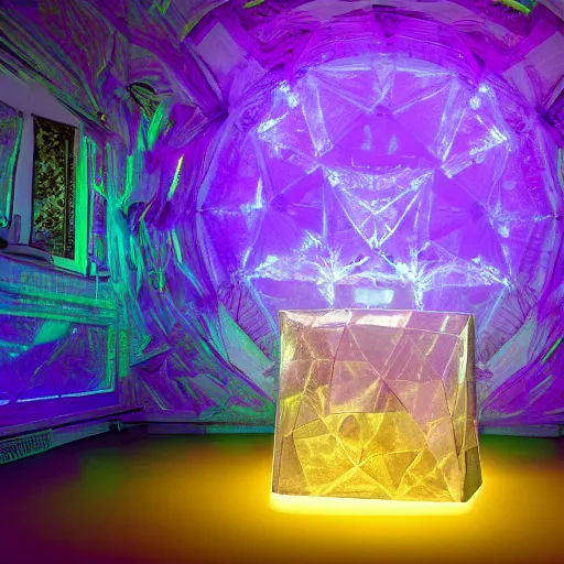 Image similar to A giant, glowing crystal sits in the center of a dark room, Strange symbols line the walls, and a soft light glows from somewhere deep within the room, highly detailed, digital photo, HDRI, by christopher bretz and kael ngu, vivid colors, high contrast, 8k resolution, intricate, photorealistic, smooth, psychedelic color scheme, concept art, award winning, behance contest winner