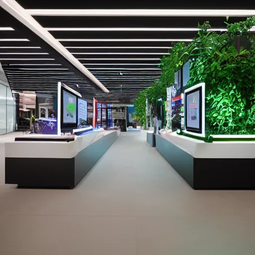 Prompt: interior photography of a Microsoft Samsung flagship store, black walls, balanced, wood, eye-catching, polished concrete, spotlights, verdant plant wall, white neon, award winning interior design, patterns, retaildesignblog, dezeen, 14mm, 8k, cinestill, pentax, film