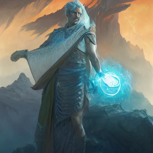 Image similar to armin van buuren as teferi, in the style of magic the gathering, glacier landscape, d & d, fantasy, intricate, elegant, highly detailed, digital painting, artstation, concept art, matte, sharp focus, illustration, art by artgerm and greg rutkowski and alphonse mucha