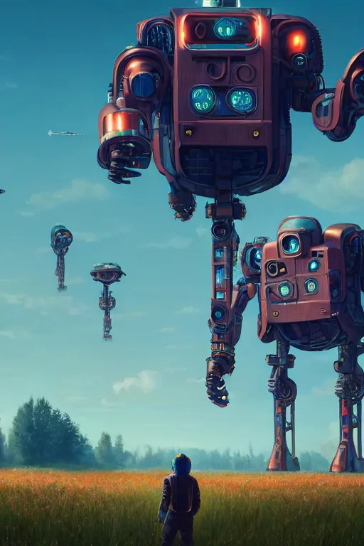 Prompt: Cheering humans waving good bye, big cyborg in the far distance, summer day, ultra hd, Painting By Simon Stalenhag, unreal 5, DAZ, hyperrealistic, octane render, dynamic lighting, intricate detail, summer vibrancy, cinematic