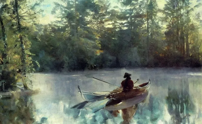 Image similar to oil painting by anders zorn, wild forest, very very very very beautiful art, dramatic light, strong shadows, reflections, boat with colorful sail and white dress