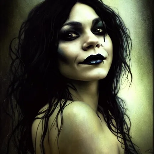 Image similar to beautiful portrait of vanessa hudgens as death from sandman, smiling, by cedric peyravernay, alphonse mucha, by jeremy mann, by lecouffe deharme, goth chic, soft lightning, eyeliner, punk rock, high detailed, 8 k