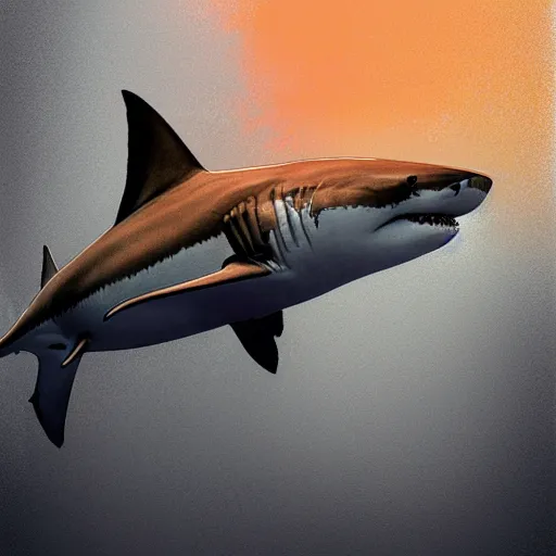 Image similar to great white shark, side view, with a silver and orange striped traffic cone construction cone on its dorsal fin, ocean background detailed atmospheric - ron cheng & alphonse mucha, highly detailed, digital painting, ray tracing, concept art, illustration, smooth sharp focus, intricate, symmetry, artstation,