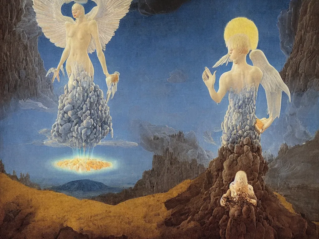 Image similar to Portrait of terrifying Blue star clad albino angel with nuclear explosion, dark, toxic smoke. Icy surreal mountains at night. Coral-like pebbles, autumn light. Painting by Jan van Eyck, Fra Filippo Lippi, Rene Magritte, Agnes Pelton, Max Ernst, Beksinski