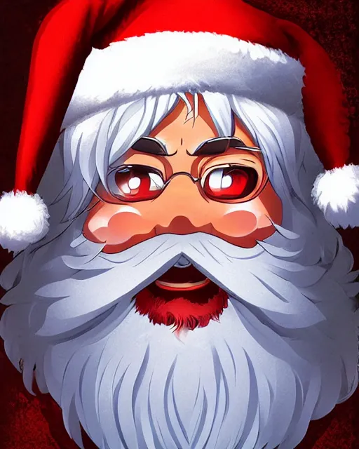 Prompt: Digital state-sponsored anime art of Santa Claus by A-1 studios, serious expression, empty warehouse background, highly detailed, spotlight