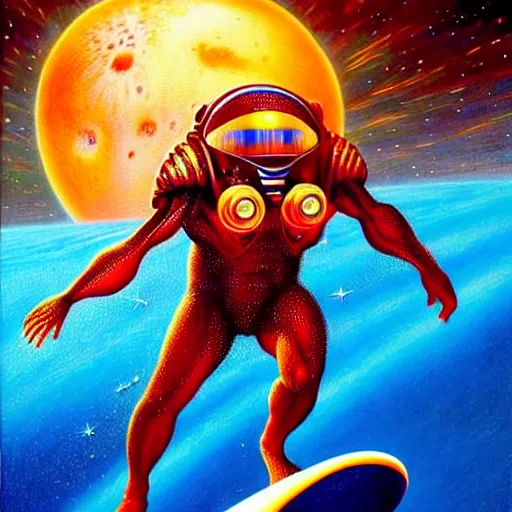 Prompt: UHD photorealistic studio portrait of cosmic Alien Elon Musk surfingon Mars, exotic alien Elon Musk surfing on Mars, correct face, accurate face, bold, vivid colors, intricate background, Tim Hildebrandt, Wayne, Amano, Barlowe, Bruce Pennington, donato giancola, larry elmore, moving, masterpiece, trending on artstation, Lisa Frank, cinematic composition, dramatic pose, studio lighting, sharp, crisp detail, hyper-detailed