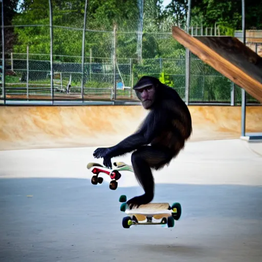 Prompt: a monkey jumping with a skateboard in a skatepark