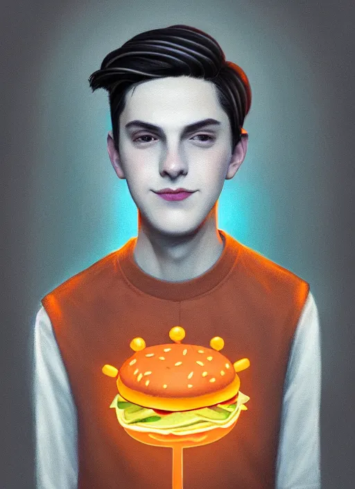 Image similar to portrait of teenage jughead jones wearing a light grey crown, crown, hamburger background, eyes closed, crown, black hair, orange, intricate, elegant, glowing lights, warm lighting, highly detailed, digital painting, artstation, concept art, smooth, sharp focus, illustration, art by wlop, mars ravelo and greg rutkowski