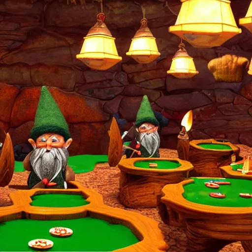 Prompt: You stand inside a bustling gnomish casino. Around the large cave, lit by suspended petchum lanterns, you see various large tables with green felted tops. Each table hosts games of both chance and strategy that the gnomes love. From a counter in the far left corner, Felcher presides over his establishment with pride.