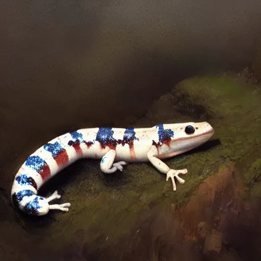 Image similar to Cute adorable sweet marshmallow salamander crawling from a cacao swamp, oil painting, by Greg Rutkowski