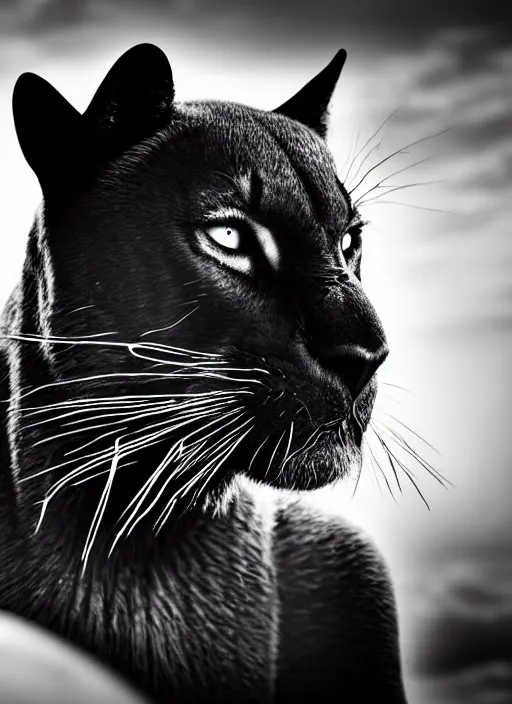 Image similar to black panther black and white portrait white sky in background