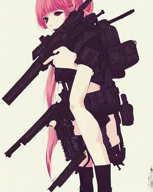 Image similar to girl with tactical gear, very anime!!! anime!! intricate details, aesthetically pleasing pastel colors, poster background, aesthetic details, art by conrad roset and ilya kuvshinov