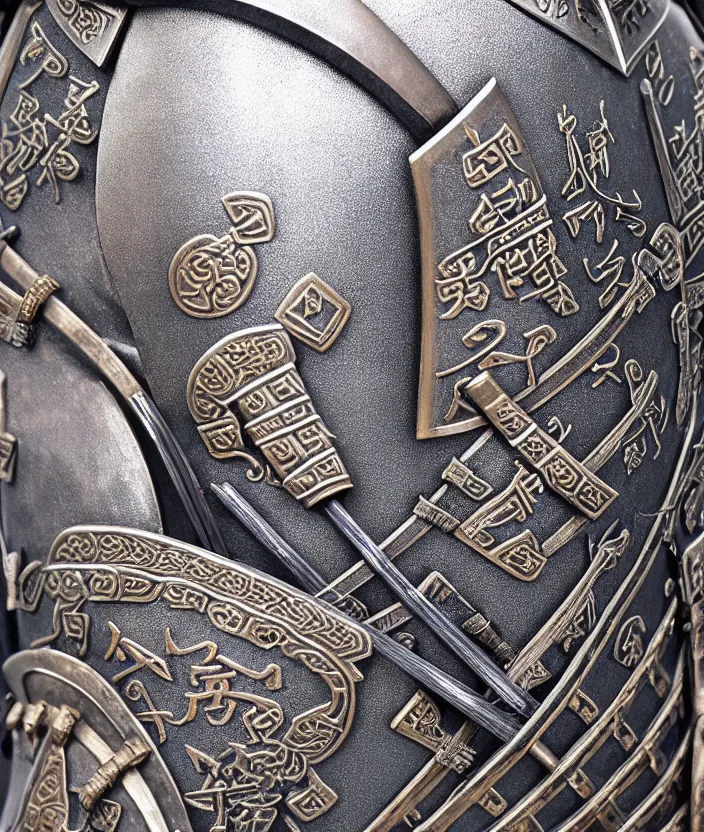 Image similar to detailed photorealistic ancient japanese samurai warrior soldier with traditional japanese engravings and ornamentation on armor and weapons, and shining metallic 3 d surfaces, japanese calligraphy, wide angle, 3 d