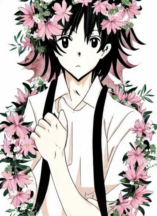 Prompt: A illustrative illustration of the perfect anime husband with a flower crown of fantasies
