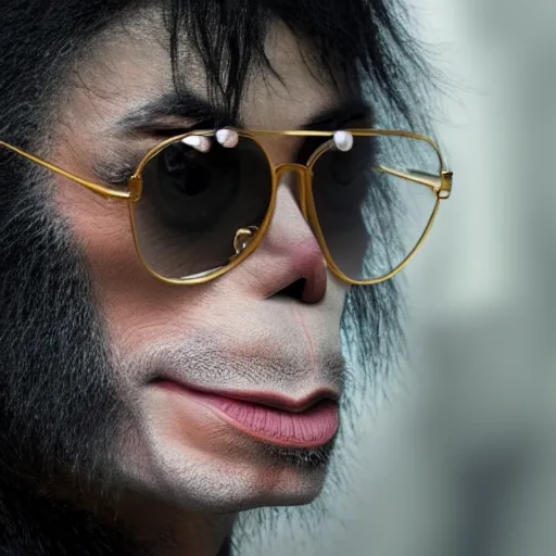 Image similar to michael jackson 2 0 0 9 wearing shades, alone, this is it style, photo real, pores, motion blur, sitting with bubbles the chimp window open, real life, spotted, ultra realistic face, accurate, 4 k, movie still, uhd, sharp, detailed, cinematic, render, modern