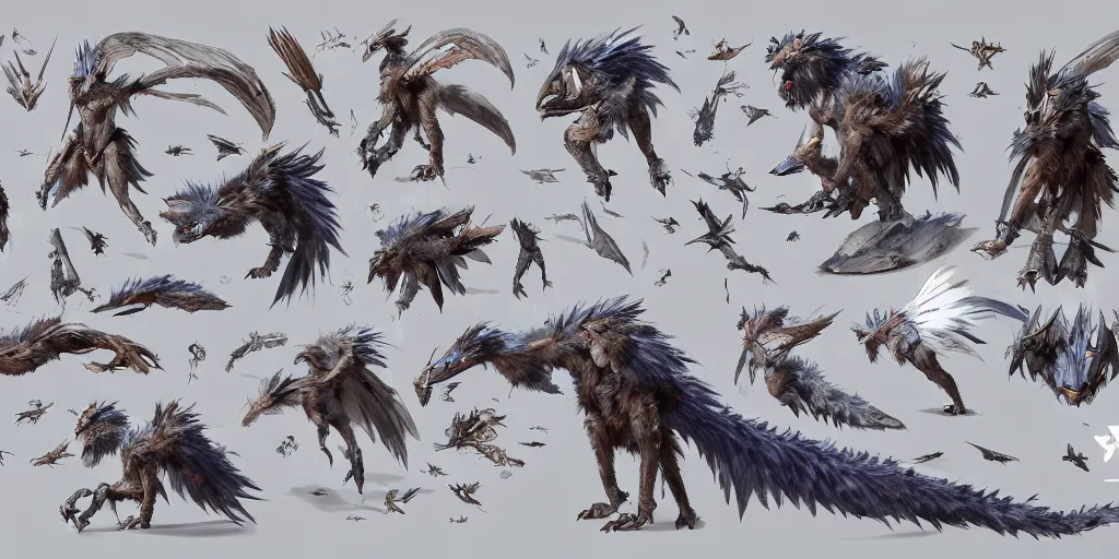 Image similar to Azure feathered winged wolf character design sheet, Monster Hunter Illustrations art book, big claws, huge wings, long tail, Moebius, Greg Rutkowski, Zabrocki, Karlkka, Jayison Devadas, Phuoc Quan, trending on Artstation, 8K, ultra wide angle, zenith view, pincushion lens effect.