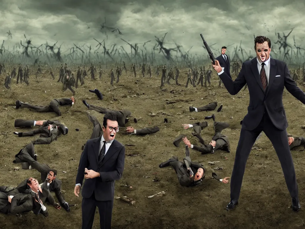 Prompt: one Comedian in suit and tie performing in a battle-field with dead bodies on the ground, comedian is funny, performing to dead soldiers, nuclear bomb in far horizon, apocalypse, trending on artstation, single man in suit, artstationHD, hyperdetailed matte painting, highly detailed, digital painting, hyper-realistic, realistic, photo-realistic