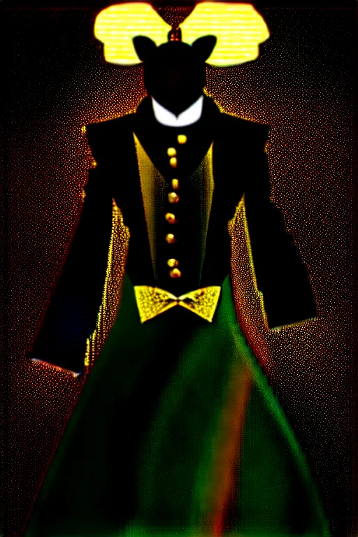 Image similar to black leather and embroidered Lolita dapper bespoke avant-garde tuxedo in velvet, black and gold rich color, dramatic cinematic lighting, featured on Artstation, extremely detailed by Lisa Frank