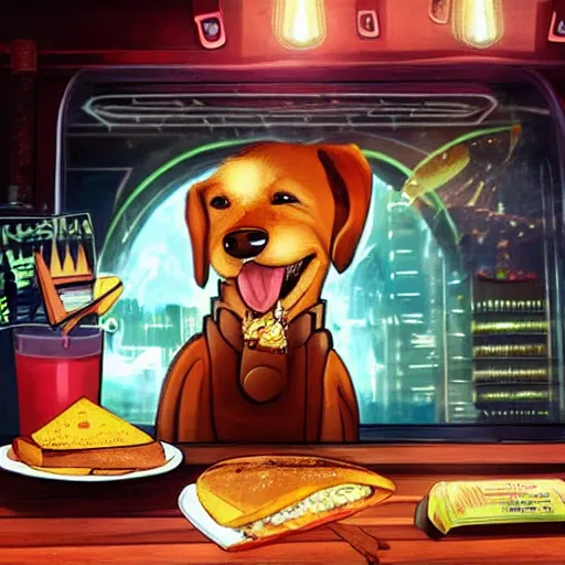 Image similar to dog eating a sandwich in a bar on an alien planet, cyberpunk