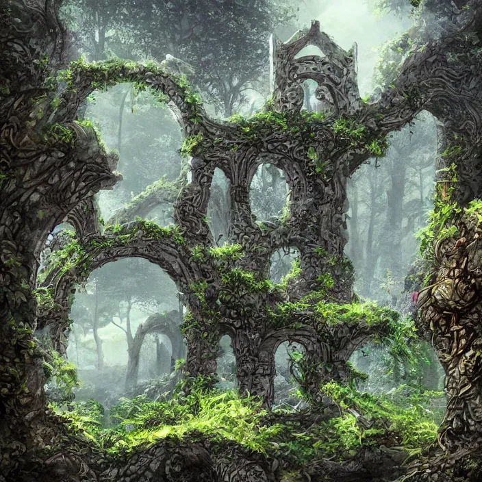 Image similar to ancient overgrown ruins, medieval gates, runestones, nostlagia, mysetrious etherial mesmerizing runic cat eyes, magical elven geometry, floating islands, high detail