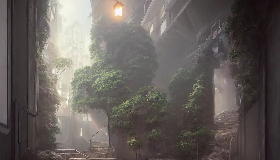 Image similar to A highly detailed matte oil painting of a hallway by Mokoto Shinkai, hyperrealistic, breathtaking, beautiful composition, by Artgerm, by beeple, by Studio Ghibli, volumetric lighting, octane render, 4K resolution, trending on artstation