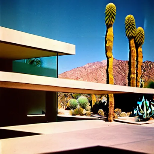 Prompt: hillside desert pavilion, palm springs, metal, glass, stone, large overhangs, beautiful vistas with cacti, rectangular pool, minimal kitchen, sliding glass windows, rust, shadows, tall entry, 8k, realistic, photo by julius shulman, sunbathing beautiful