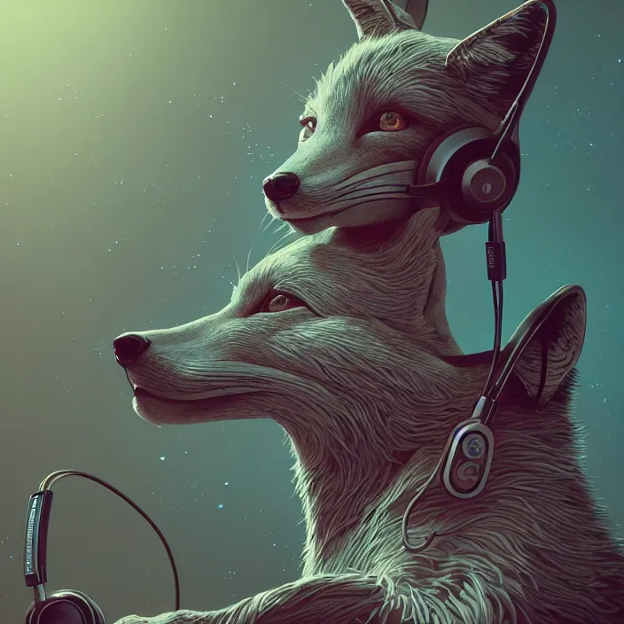 Image similar to fox with headphones, HD, 4K, intricate abstract. intricate artwork. by Tooth Wu, wlop, beeple, dan mumford, octane render, trending on artstation, greg rutkowski very coherent symmetrical artwork. cinematic, hyper realism, high detail, octane render, 8k, iridescent accents