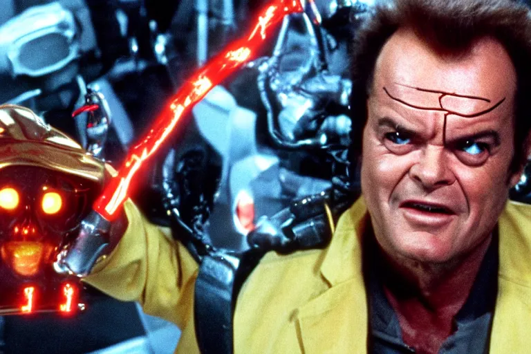 Image similar to Jack Nicholson plays Terminator Pikachu, scene where his inner exoskeleton is visible and his eye glows red