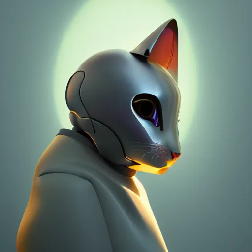 Prompt: product photo of a futuristic stylized pet robot, kitten puppy teddy mix, cute robot face, kindchenschema, large ears, large tail, by artgerm and greg rutkowski and marc newson, alphonse mucha, zaha hadid, side view, volumetric light, detailed, octane render, midsommar - t