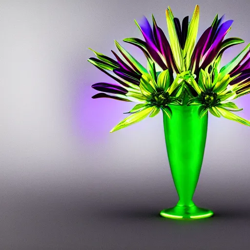 Image similar to An ultra high definition studio photograph of an alien flower in a simple vase on a plinth. The flower is multicoloured iridescent. High contrast, key light, 70mm.