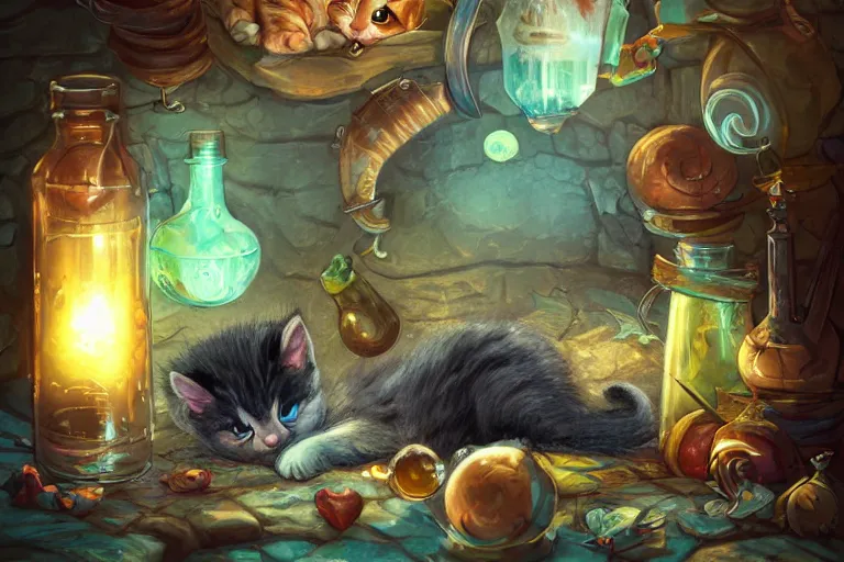 Image similar to adorable kitten curled up asleep amidst potion bottles, 8k resolution matte fantasy painting, warm lighting, bokeh, DeviantArt Artstation, by Lisa Ravenscroft and Ross Tran and Lisa Frank and Tony DiTerlizzi