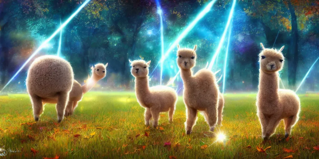 Image similar to magical fairy alpacas frolicking in a field, autumn, sparkles, light beams, photorealistic, hyperrealistic, fantasy, 8 k, trending on artstation