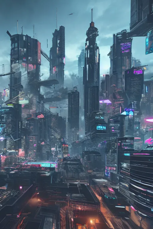 Prompt: cyberpunk eastern europe city, a lot of future technologies, flying cars, unreal engine, octane render, epic scale, cinema view, 8 k