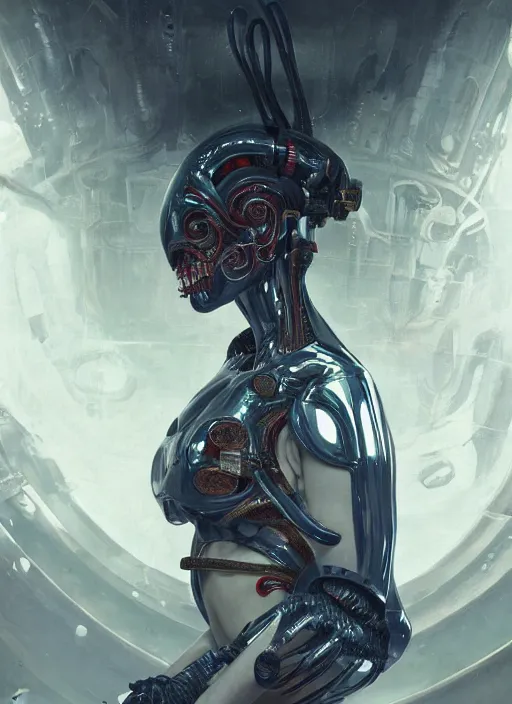 Image similar to portrait of a futuristic geisha cyborg, xenomorph, modern fine art, fractal, intricate, elegant, highly detailed, subsurface scandering, by jheronimus bosch and greg rutkowski,