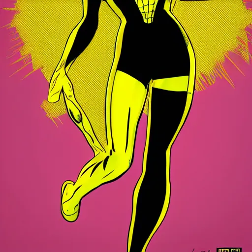 Image similar to black and yellow spiderman girl costume drawn by steve ditko comic book art style, 4 k digital art