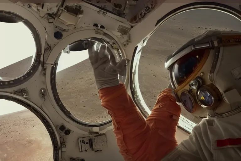 Prompt: cinematography of an astronaut looking out a hull round window at rockets and astronauts with rifles approaching red planet mars in space. Space station interior, starships, spaceships, fpv, first person hand reaching out wearing astronaut glove. by Emmanuel Lubezki