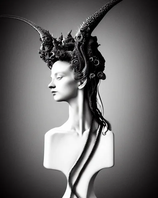 Prompt: dark background, a black and white high quality dreamy photo of a young beautiful female queen-dragon-vegetal-orchid-mineral-cyborg bust with a very long neck and delicate Mandelbrot fractal face, elegant, highly detailed, flesh highly baroque ornate, hair are curled wired cables, elegant, poetic, soft, dreamy, mysterious, high fashion, rim light, in the style of Ellen von Unwerth, Realistic, Refined, Digital Art, Highly Detailed, Cinematic Lighting, rim light, black and white, photo-realistic, 8K