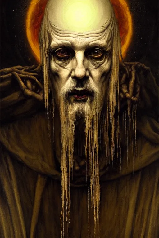 Image similar to a painting of a portrait of the high pontifex of eldritch occult with a halo on his head, golden halo, a detailed painting by santiago caruso, official art by greg rutkowski, a character portrait by seb mckinnon,, gothic art, apocalypse art, antichrist, grotesque, elder, skin, gouache, sinew, artstation