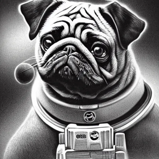 Prompt: 4 k, extra detail, pencil art, pug and astronaut drawn by greg hildebrandt