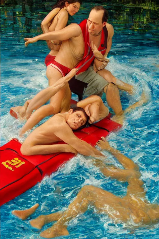 Image similar to george costanza being saved by a life guard, oil on canvas, intricate, portrait, 8 k highly professionally detailed, hdr, cgsociety
