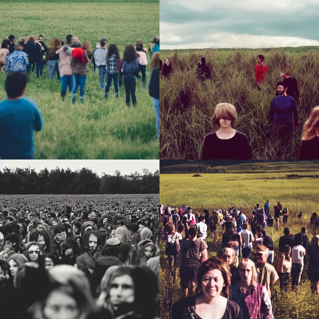 Prompt: A crowd of people ominously staring at the camera in a grassy field.