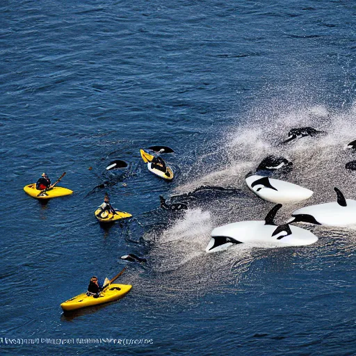 Image similar to an overhead, national geographic photo of a lone kayaker being circled by a group of Orcas. 85MM lens, f1.8