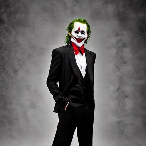 Prompt: the joker from the dark knight posing for senior prom photos, wearing black suit with red tie | digital photograph