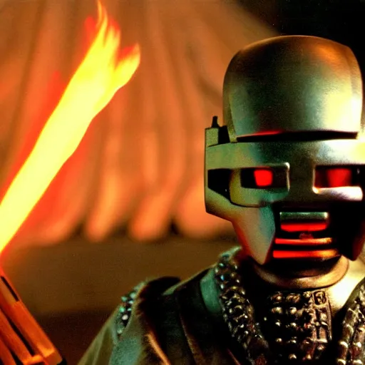 Image similar to cinematic film still MF Doom starring as a Samurai holding fire, Japanese CGI, VFX, 2003, 40mm lens, shallow depth of field,film photography